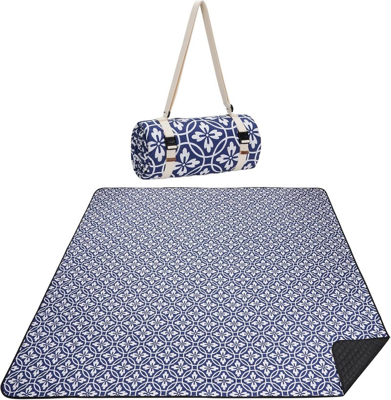 WILLOW WEAVE Picnic Blanket, 80''x80'' Waterproof Outdoor Blankets, Picnic Mat Washable for Beach, Picnic Blankets for Camping on Grass with Shoulder Strap - NavyBlue - Image 1